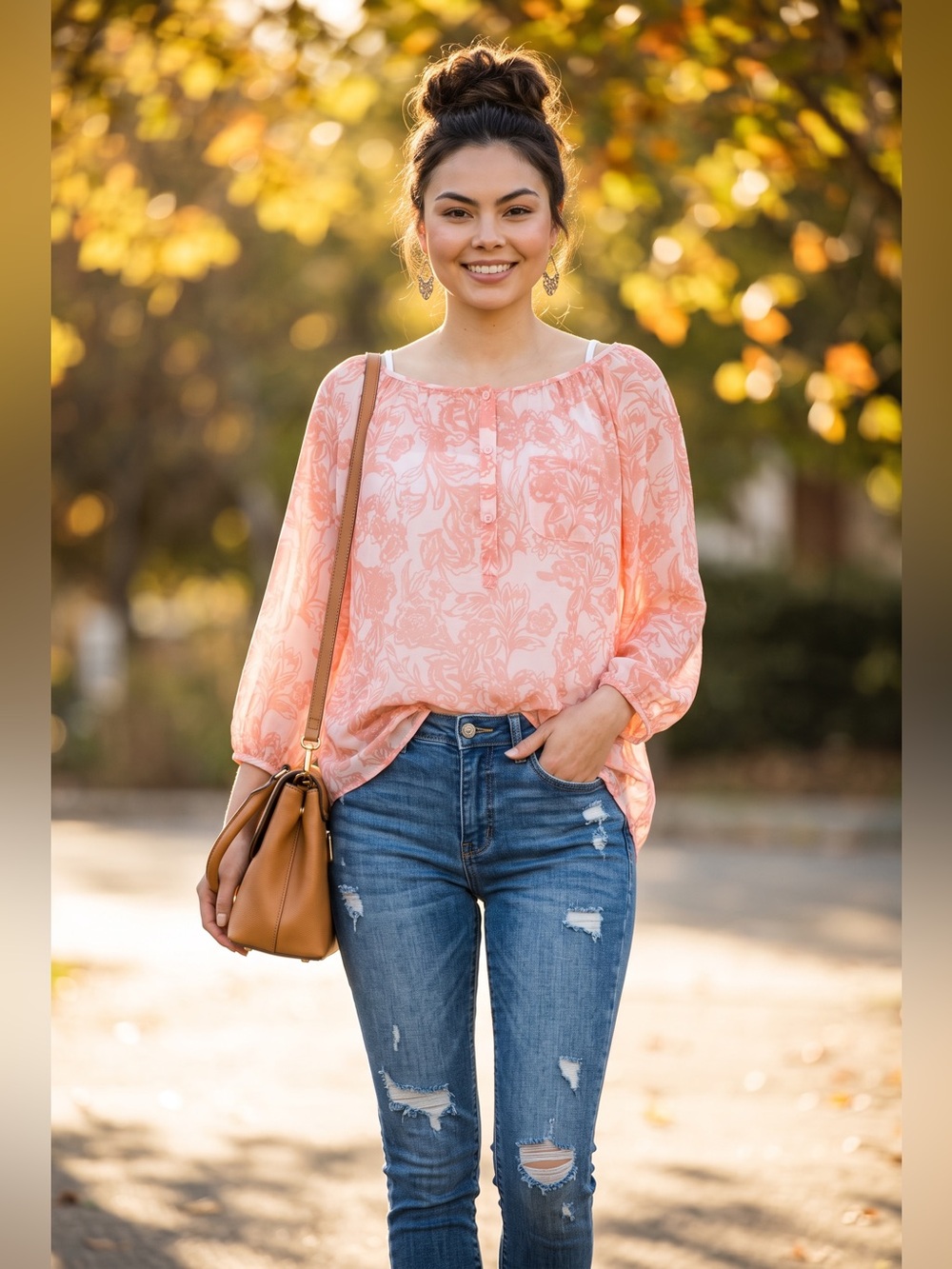 LOFT Sheer Peach Floral Scoop-Neck Blouse